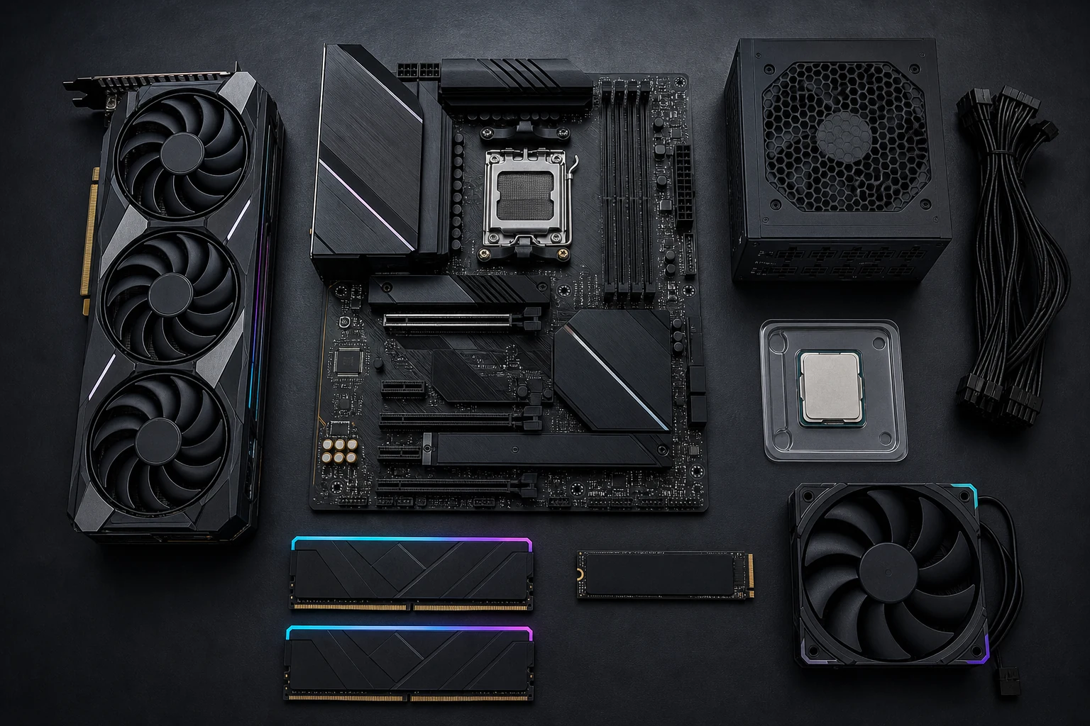 Tarjeta gráfica, placa base, procesador, RAM, SSD y fuente para montar un PC gaming