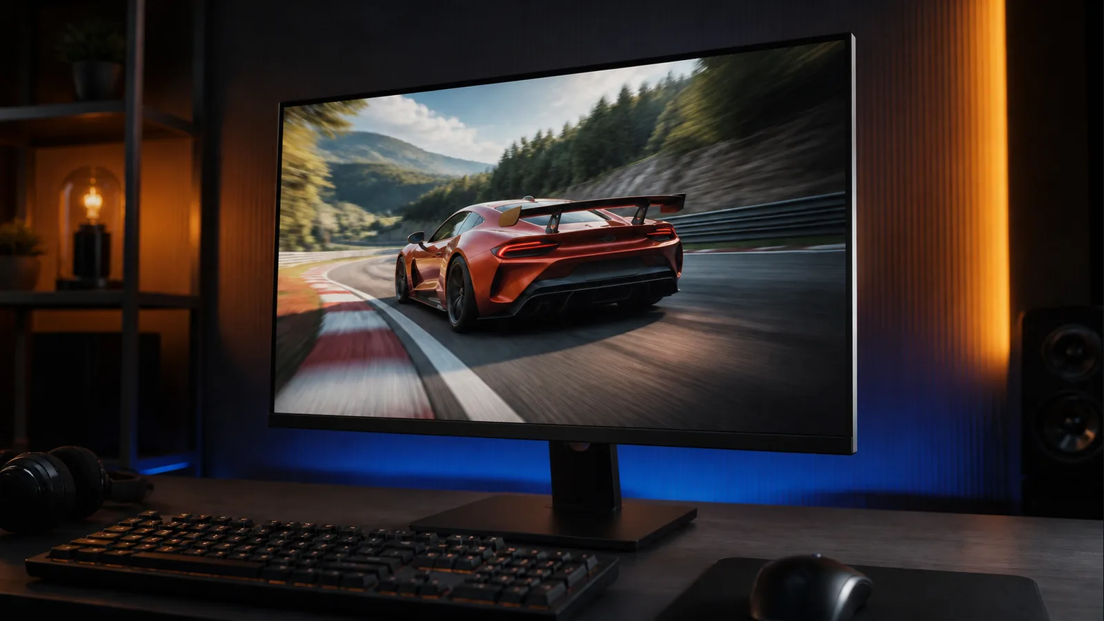 Monitor gaming mostrando un coche de carreras nítido en movimiento