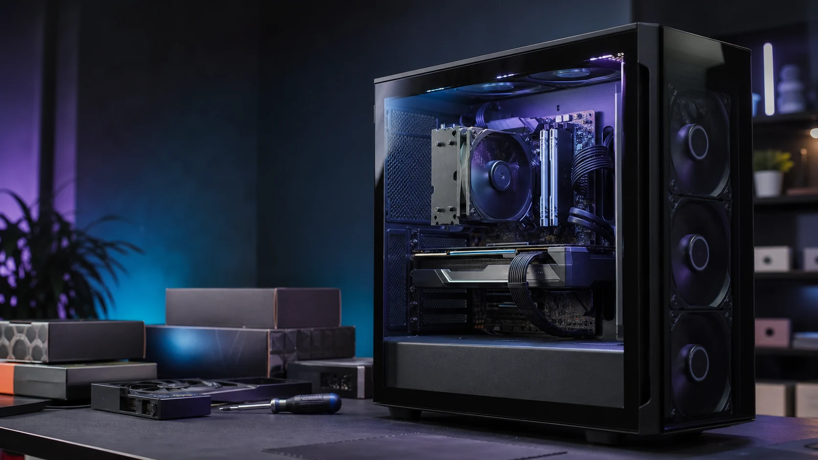PC gaming moderno montado sobre una mesa con sus componentes